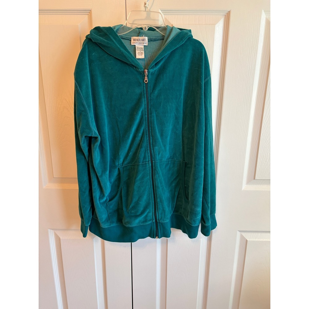 Beaux Art Teal Velour Butterfly Paisley Zip Up Hoodie Sweatshirt Large